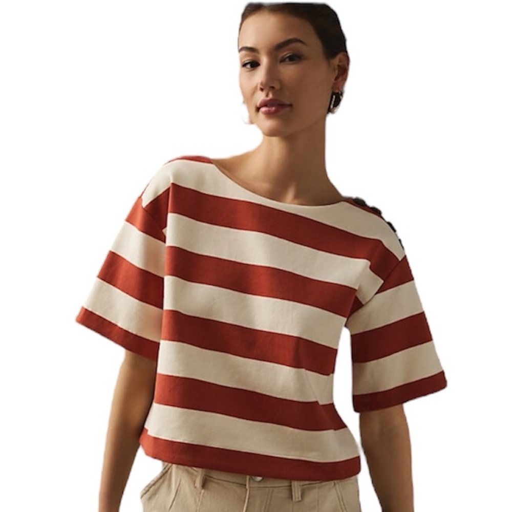 Sunday in Brooklyn Anthropologie Orange & Cream Striped Structured Boxy Tee XS